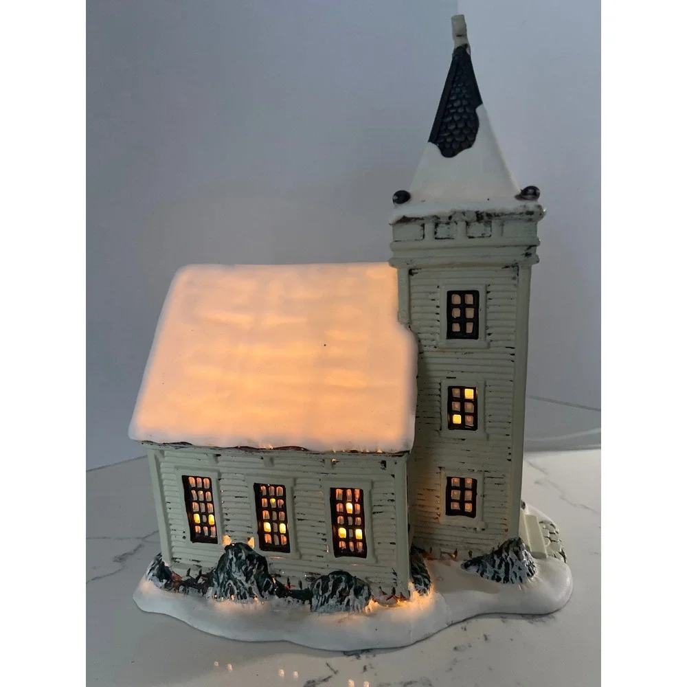 Vintage Style Lighted Christmas Village Church Snow‎ Covered Winter Decor White